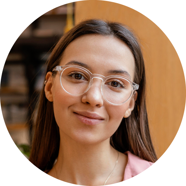 Young lady in clear spectacles testimonial head shot. Five star reviews.